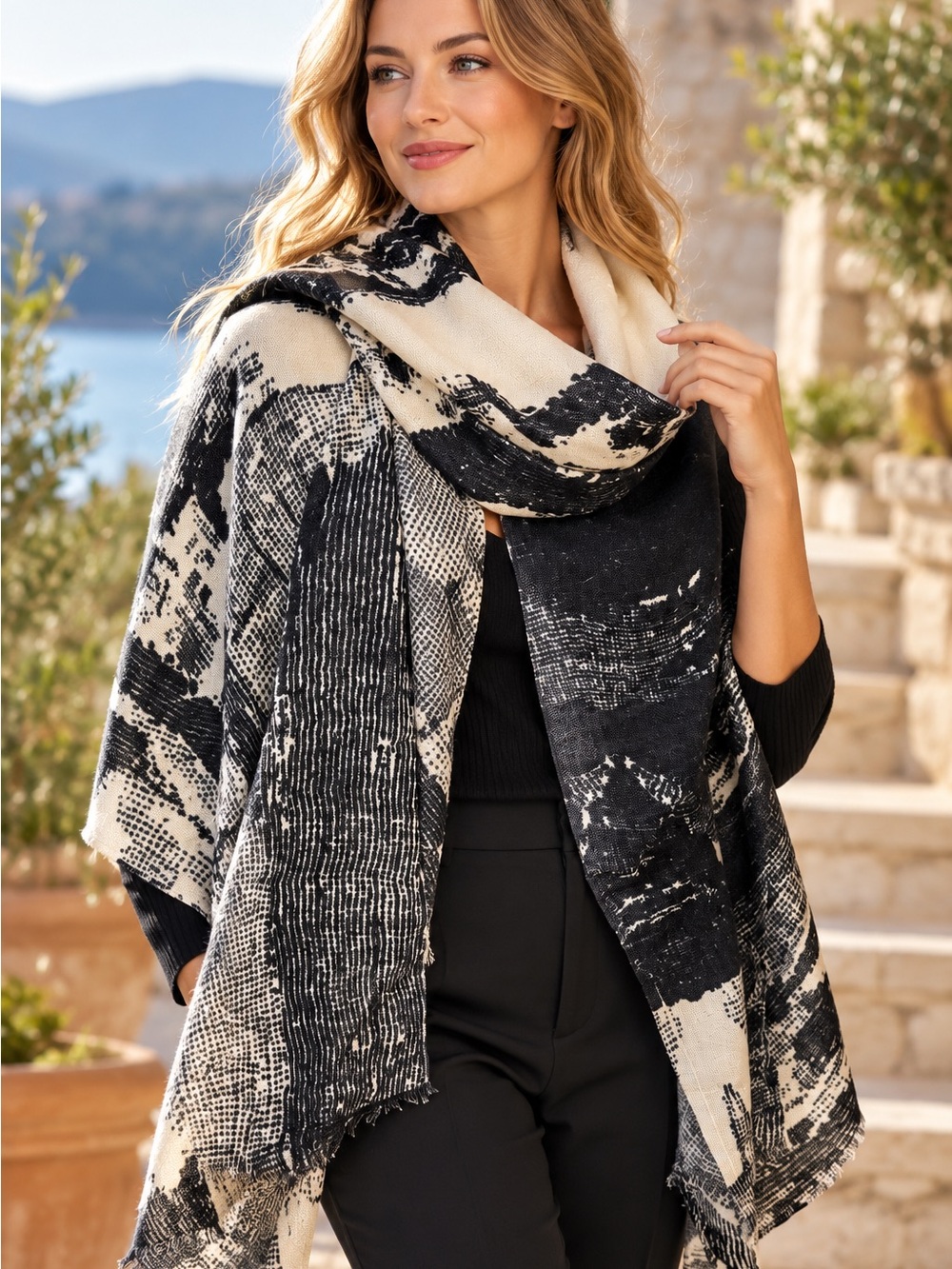 Oversized black & ivory abstract print viscose cotton scarf wrap